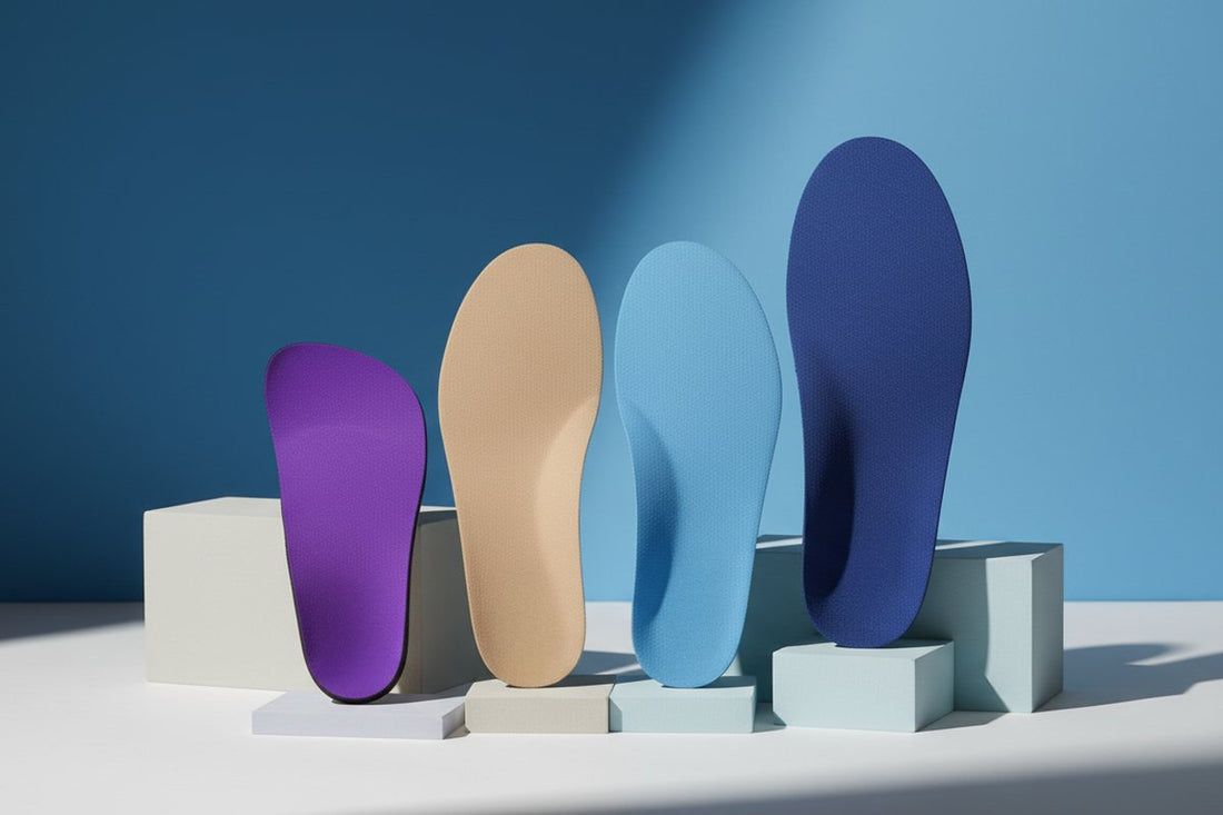 CustomTread orthotic insoles displayed on a flat surface with geometric shadows, product photography