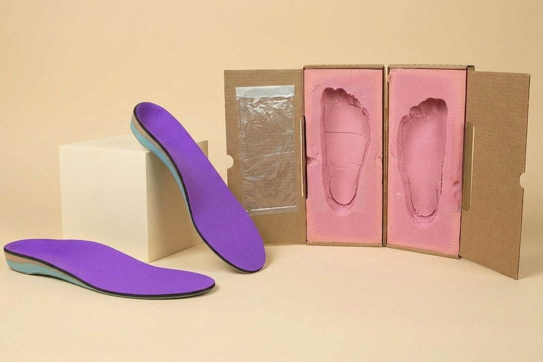 CustomTread orthotic insoles displayed upright on a white surface showing heel cup depth, orthotics for nurses