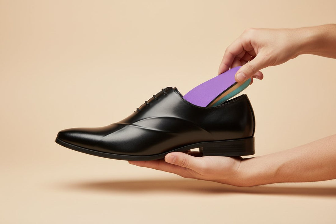 CustomTread orthotic insoles on a clean white surface with heel cup and arch support visible, foot pain teachers standing