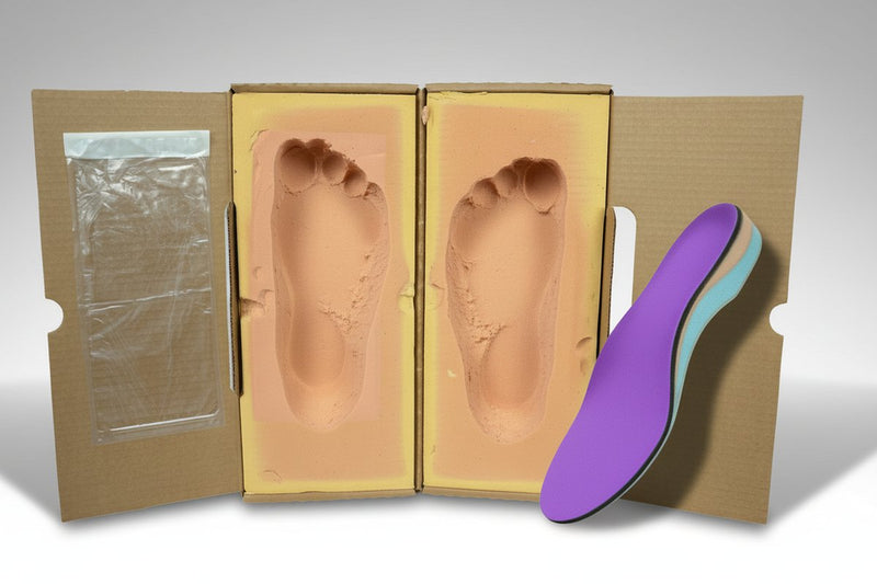 CustomTread orthotic insoles in purple tones on a geometric display surface, product photography