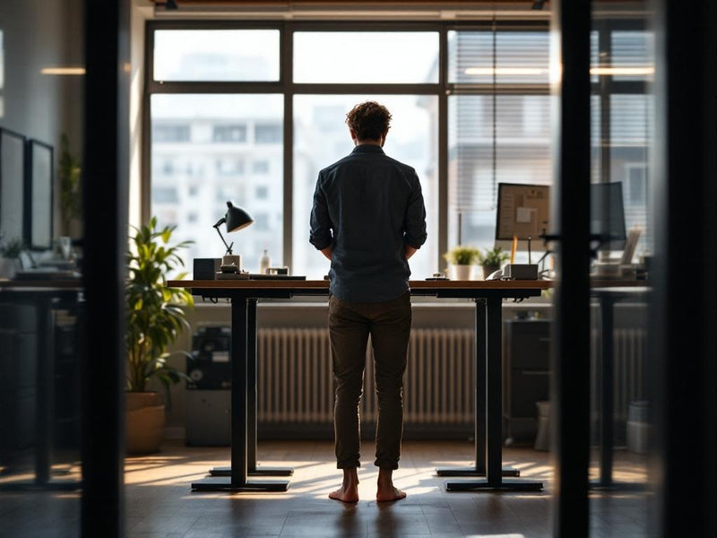 person standing at a standing desk with good posture in a modern office, waist-up view