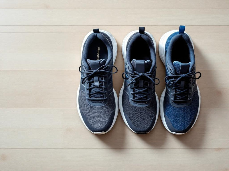 two running shoes placed side by side on a clean white floor, top-down view