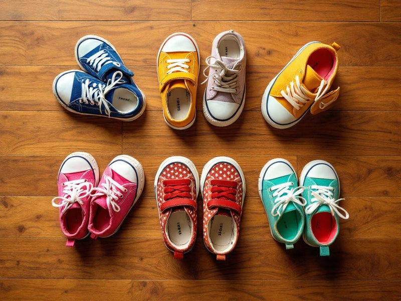pair of small children's sneakers placed on a wooden floor, top-down view