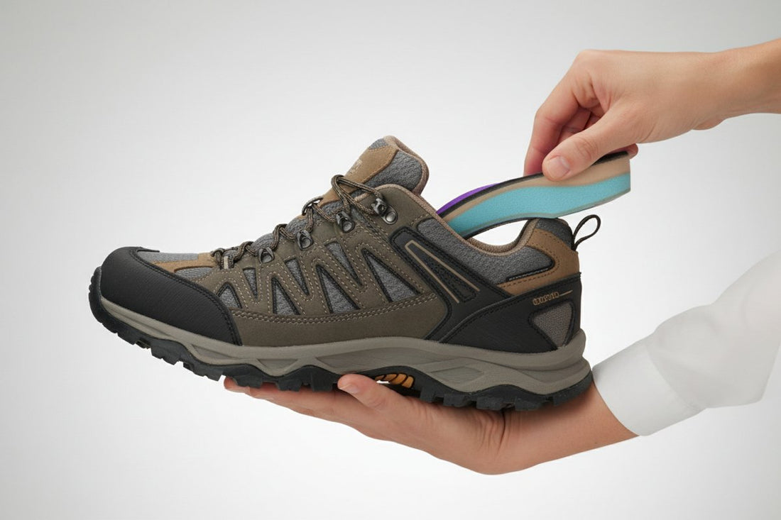 hands placing CustomTread custom orthotic insole into a hiking trail shoe, neutral background