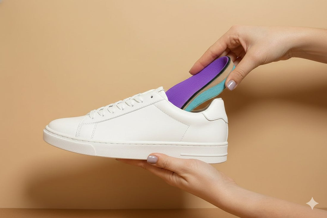 hands placing CustomTread custom orthotic insole into white sneaker, beige background