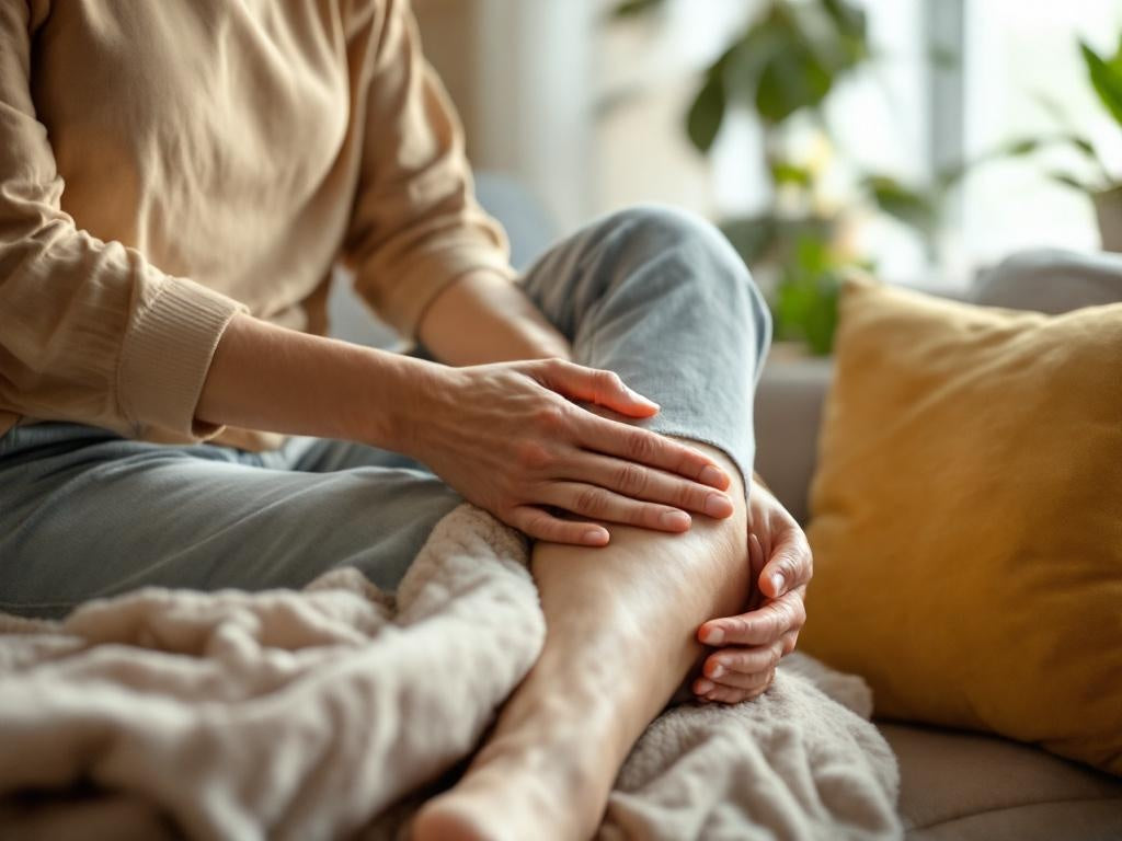 person sitting on edge of bed holding painful heel first thing in the morning