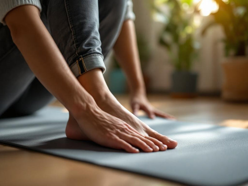 person sitting on couch pressing thumb into painful heel after long day