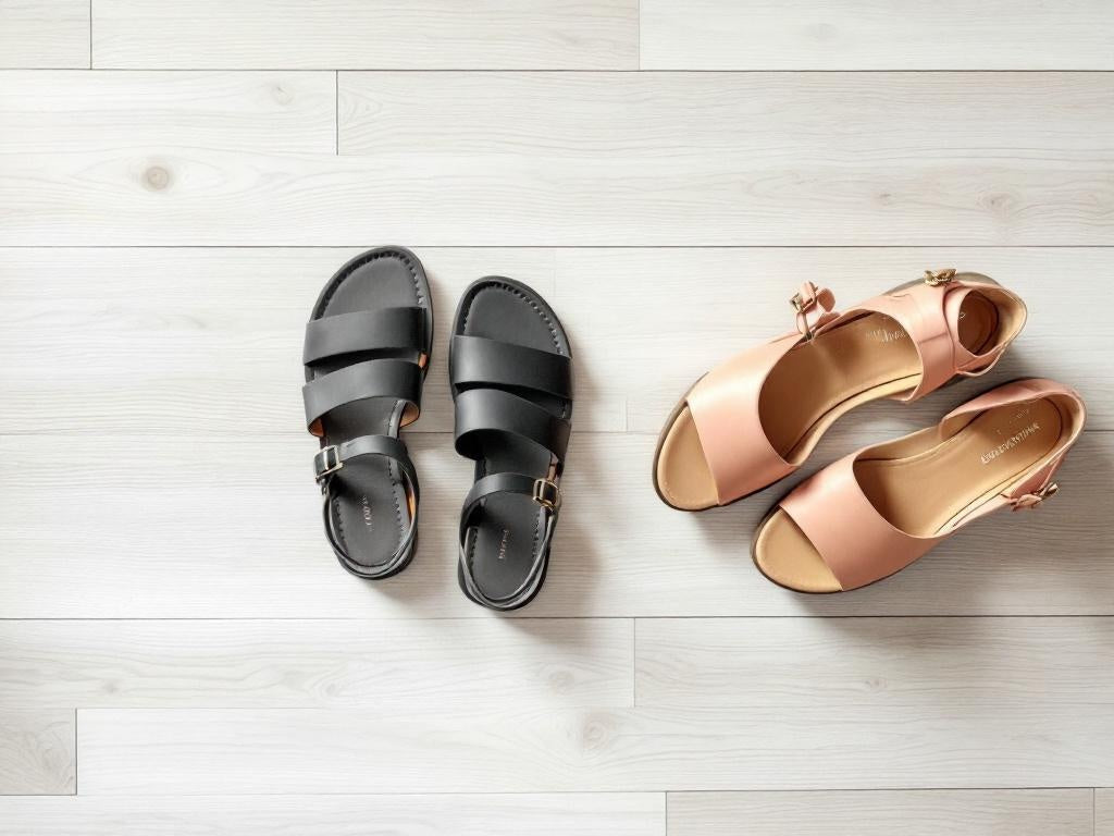 flat sandals and flip flops on a floor — footwear to avoid with plantar fasciitis