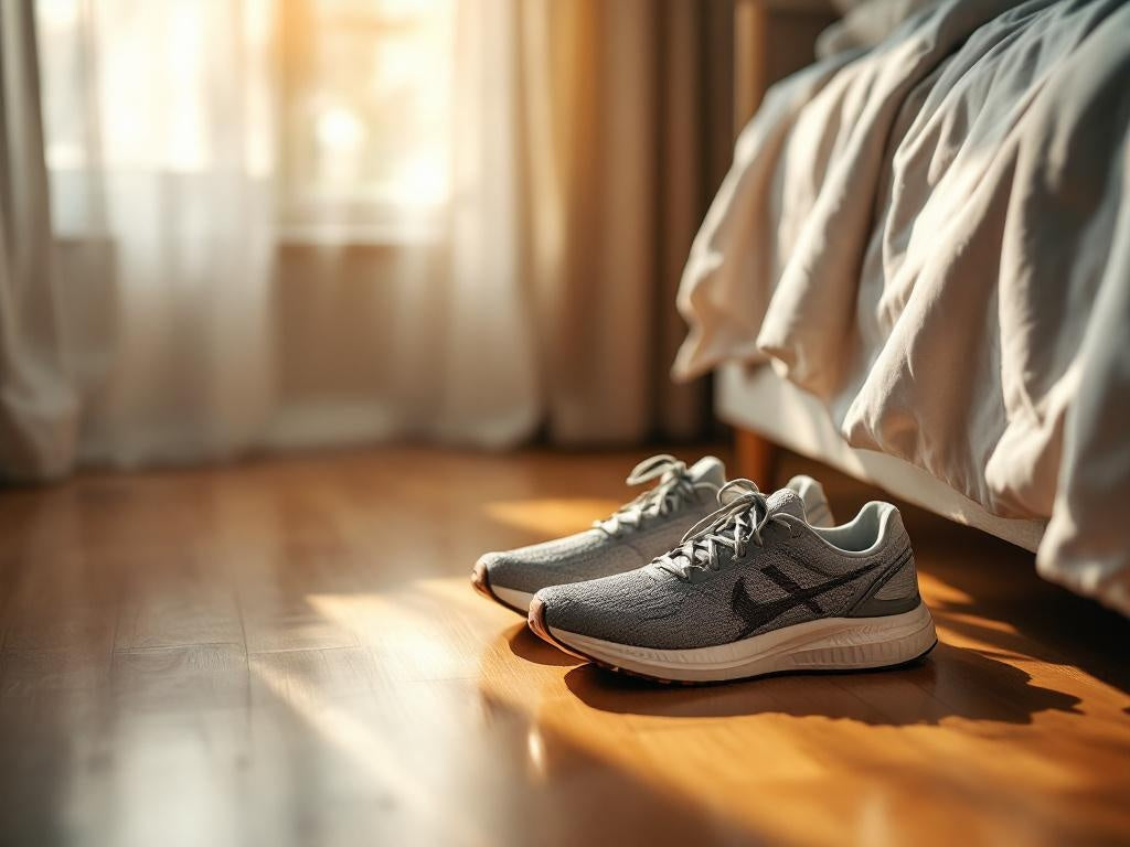 person sitting on bed holding heel in pain from plantar fasciitis first thing in the morning
