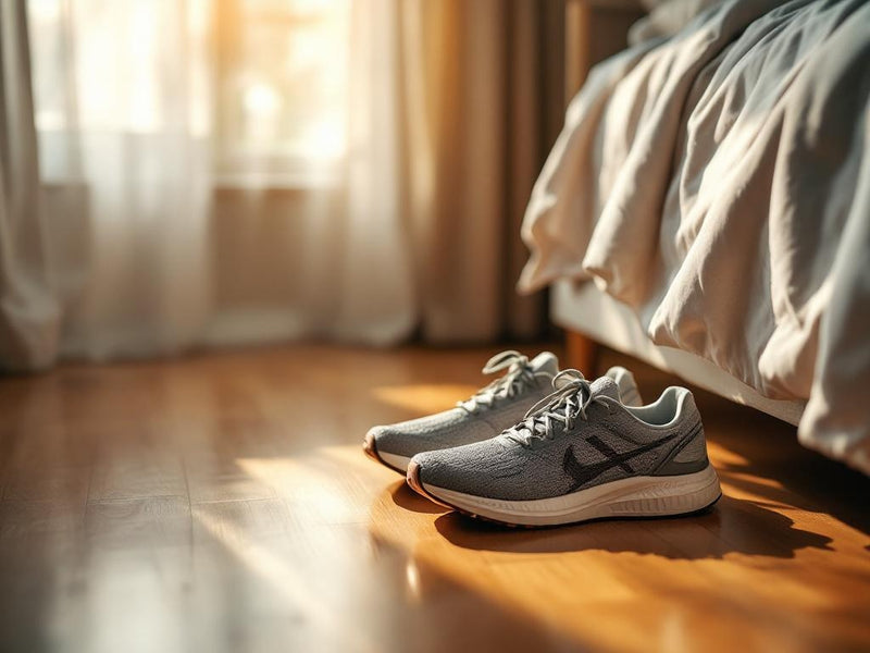 person sitting on bed holding heel in pain from plantar fasciitis first thing in the morning