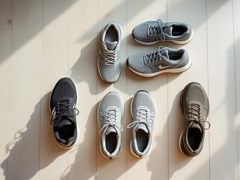 running shoes placed on a clean wooden floor, top-down view, natural light, no feet visible