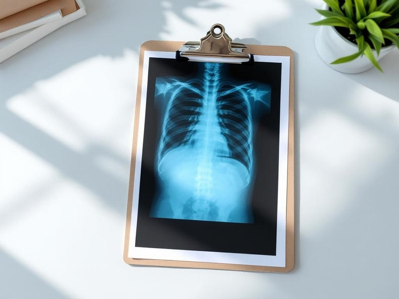 medical X-ray image printout on a light desk surface, clinical context, no body parts visible