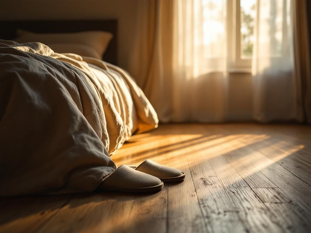 wooden floor beside a bed with slippers nearby, warm morning light coming through a window