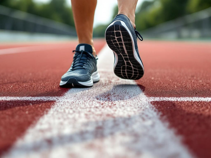 running shoes on an outdoor track surface, no feet visible, natural light