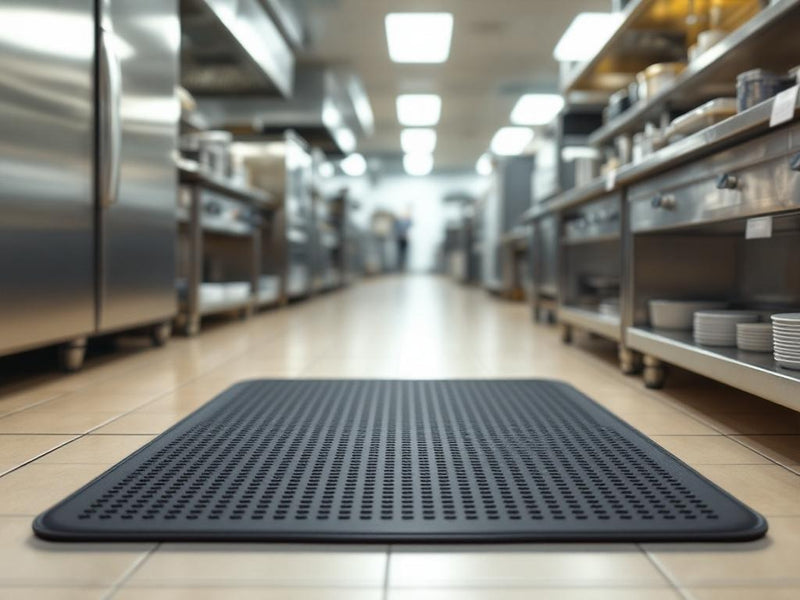 anti-fatigue mat on a hard commercial floor in a kitchen or retail setting, no people visible