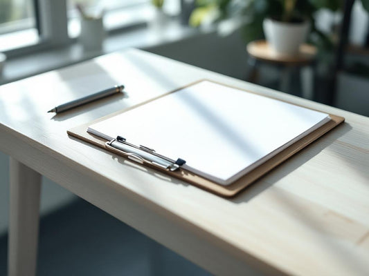 clean medical clipboard and notepad on a light wood desk, natural window light, no people visible