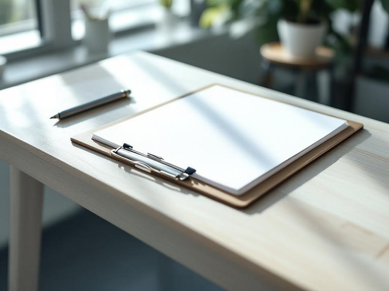 clean medical clipboard and notepad on a light wood desk, natural window light, no people visible